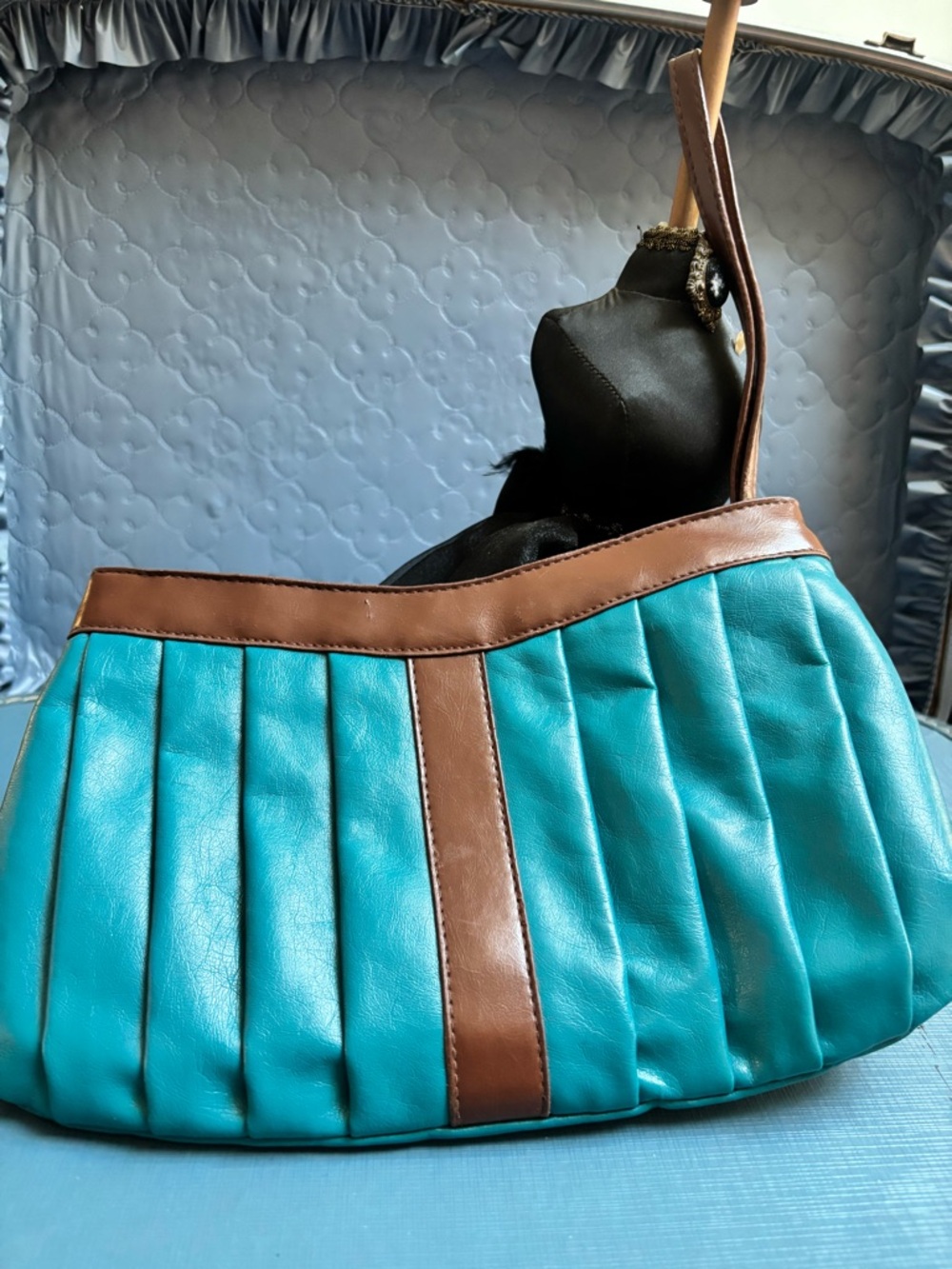 Teal and Brown Pleated Shoulder Bag - Women